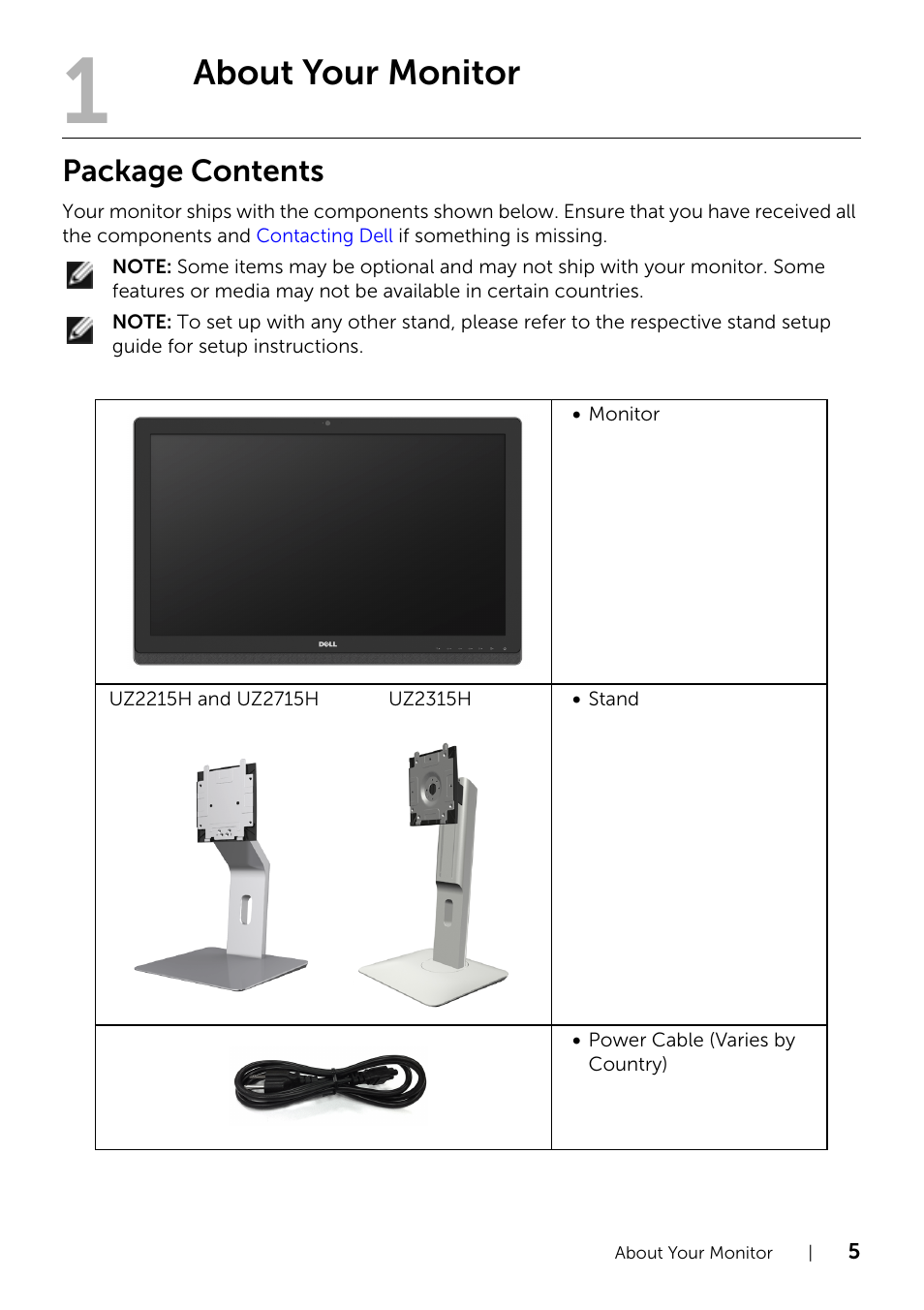 About your monitor, Package contents | Dell UZ2715H Monitor User Manual | Page 5 / 69