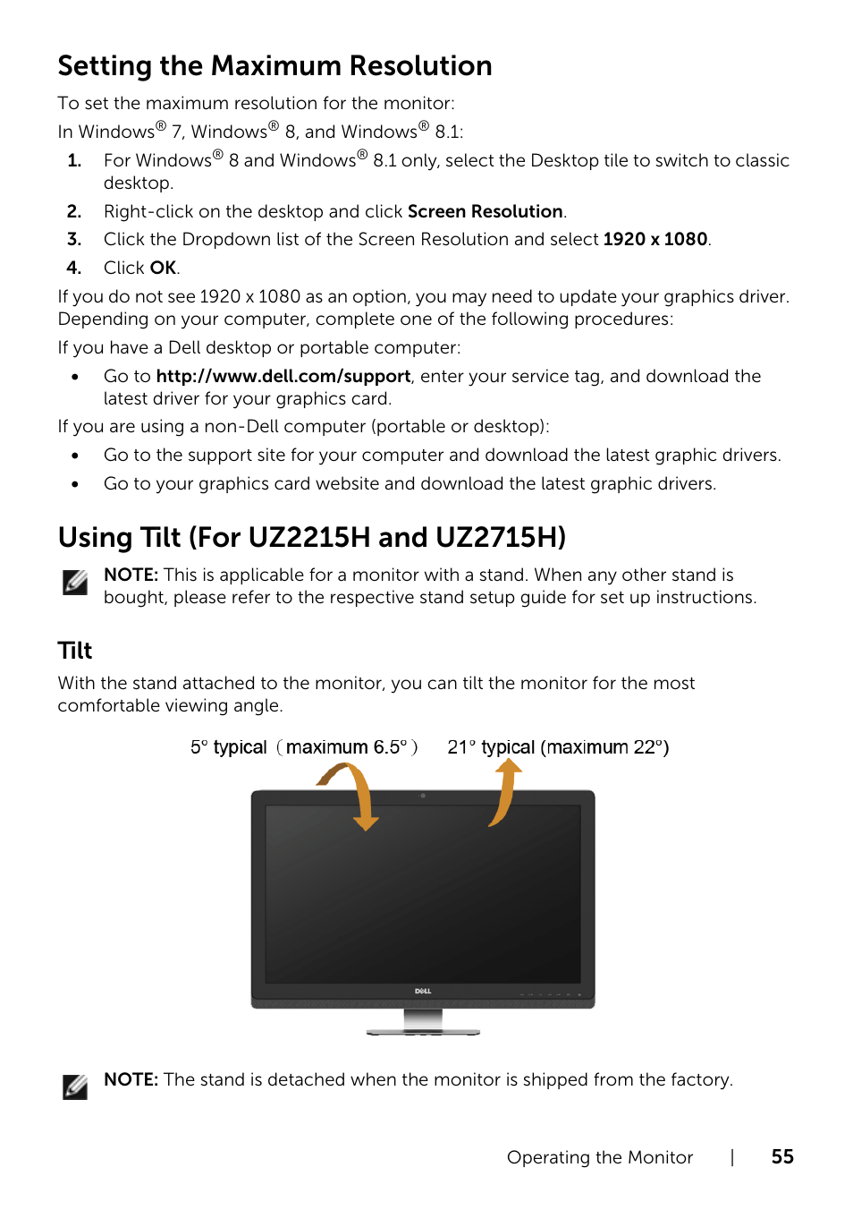 Setting the maximum resolution, Using tilt (for uz2215h and uz2715h), Tilt | Dell UZ2715H Monitor User Manual | Page 55 / 69