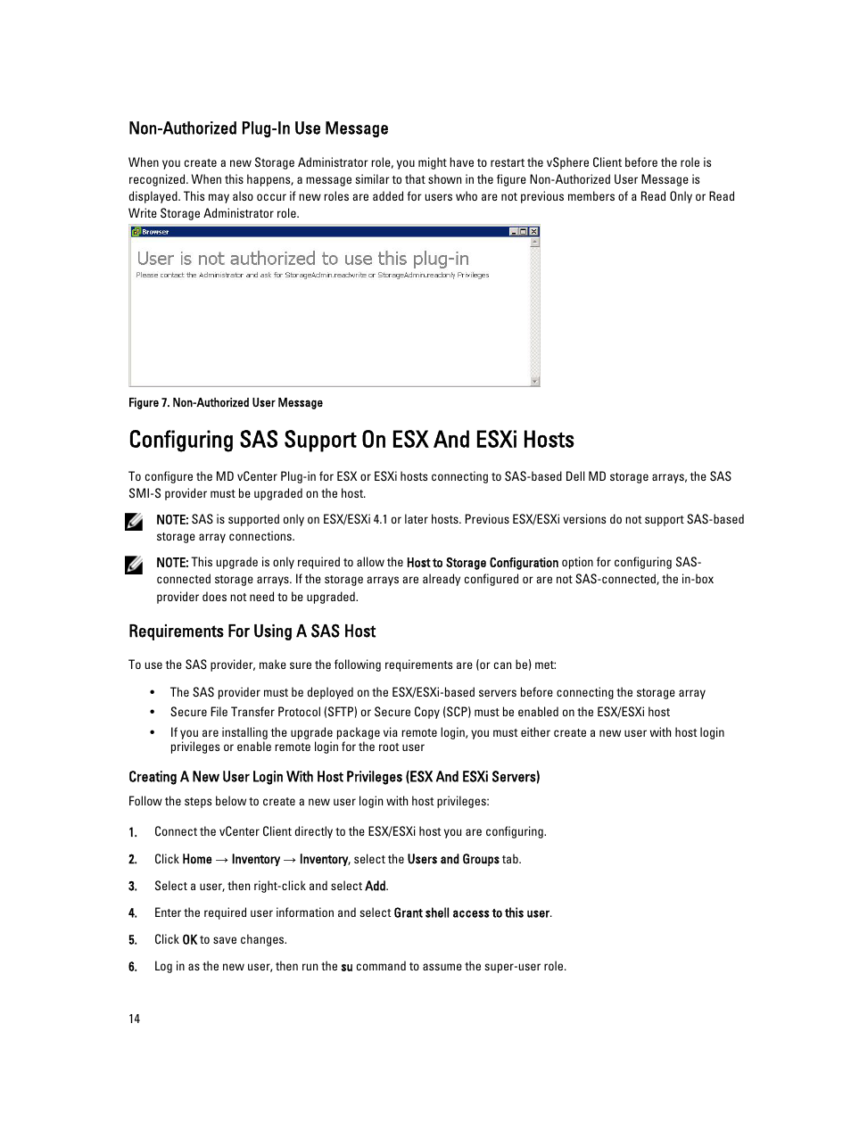 Non-authorized plug-in use message, Configuring sas support on esx and esxi hosts, Requirements for using a sas host | Dell POWERVAULT MD3620I User Manual | Page 14 / 75