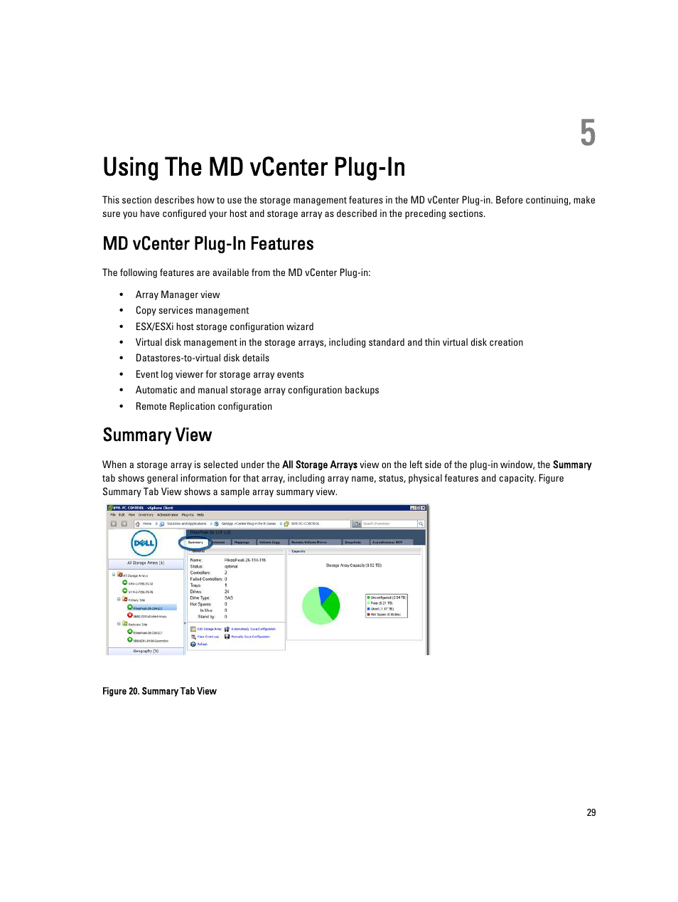 Using the md vcenter plug-in, Md vcenter plug-in features, Summary view | 5 using the md vcenter plug-in | Dell POWERVAULT MD3620I User Manual | Page 29 / 75