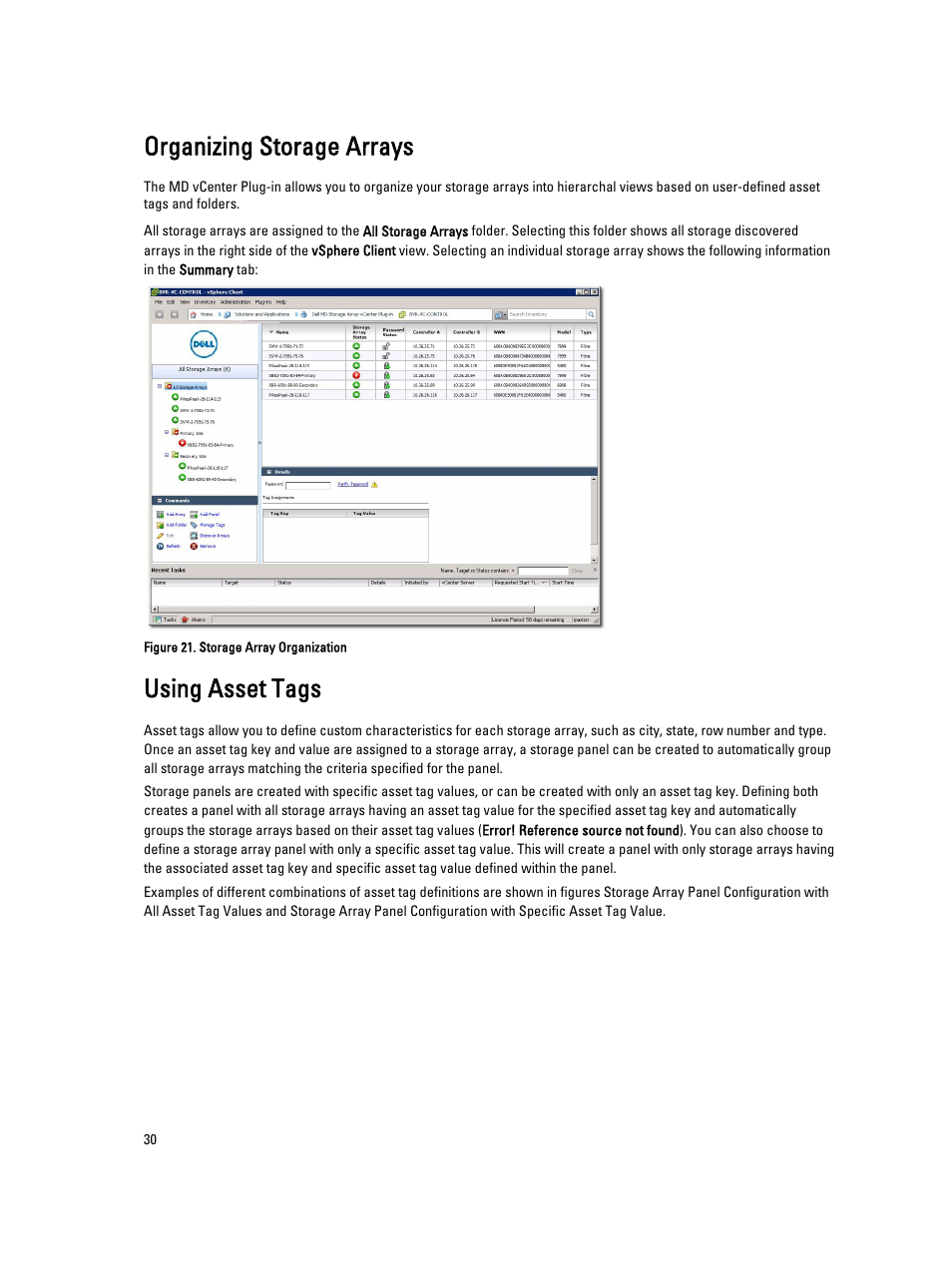Organizing storage arrays, Using asset tags | Dell POWERVAULT MD3620I User Manual | Page 30 / 75