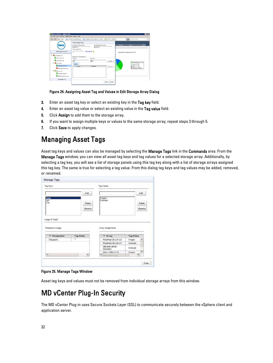 Managing asset tags, Md vcenter plug-in security | Dell POWERVAULT MD3620I User Manual | Page 32 / 75