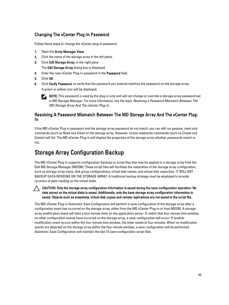 Changing the vcenter plug-in password, Storage array configuration backup | Dell POWERVAULT MD3620I User Manual | Page 43 / 75