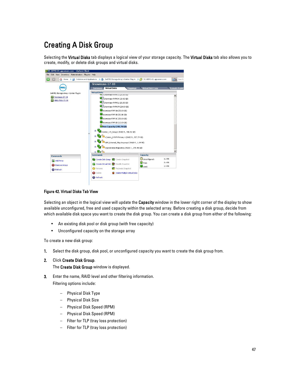 Creating a disk group | Dell POWERVAULT MD3620I User Manual | Page 47 / 75