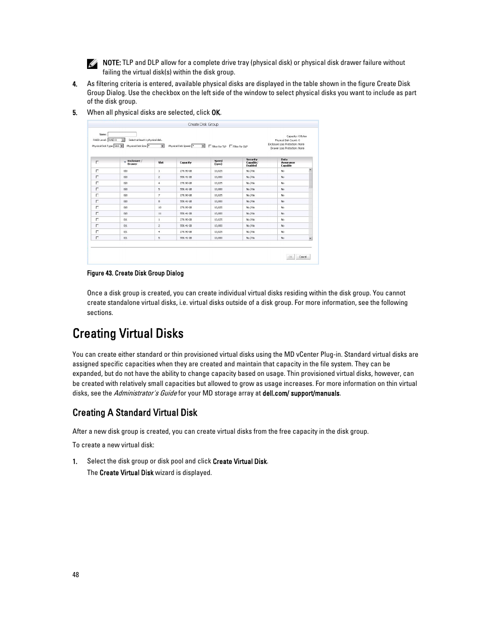Creating virtual disks, Creating a standard virtual disk | Dell POWERVAULT MD3620I User Manual | Page 48 / 75
