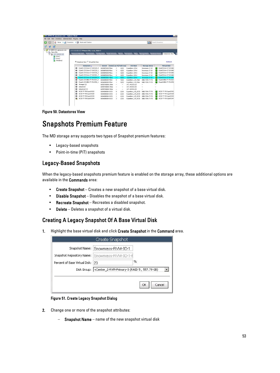 Snapshots premium feature, Legacy-based snapshots, Creating a legacy snapshot of a base virtual disk | Dell POWERVAULT MD3620I User Manual | Page 53 / 75