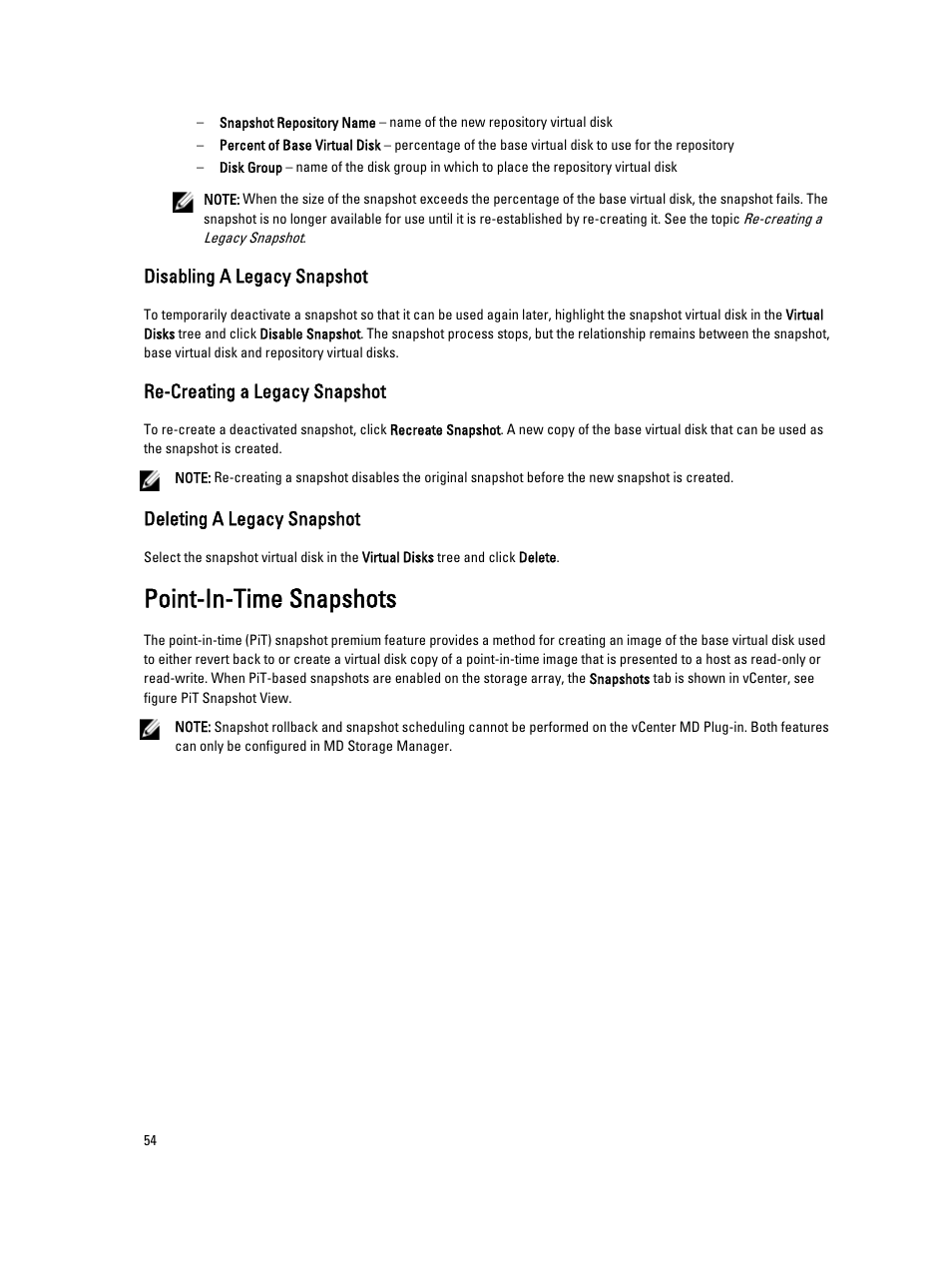 Disabling a legacy snapshot, Re-creating a legacy snapshot, Deleting a legacy snapshot | Point-in-time snapshots | Dell POWERVAULT MD3620I User Manual | Page 54 / 75