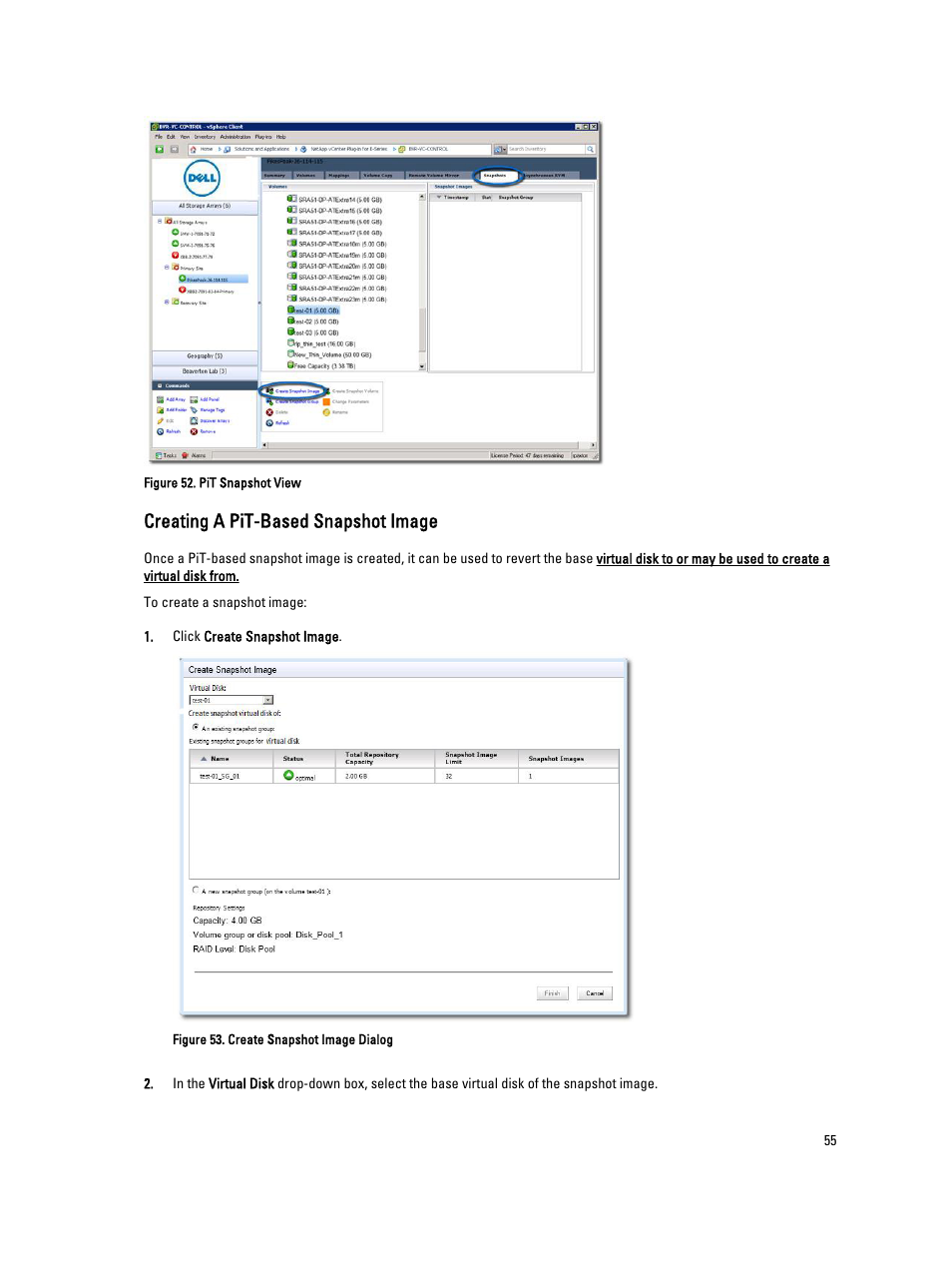 Creating a pit-based snapshot image | Dell POWERVAULT MD3620I User Manual | Page 55 / 75