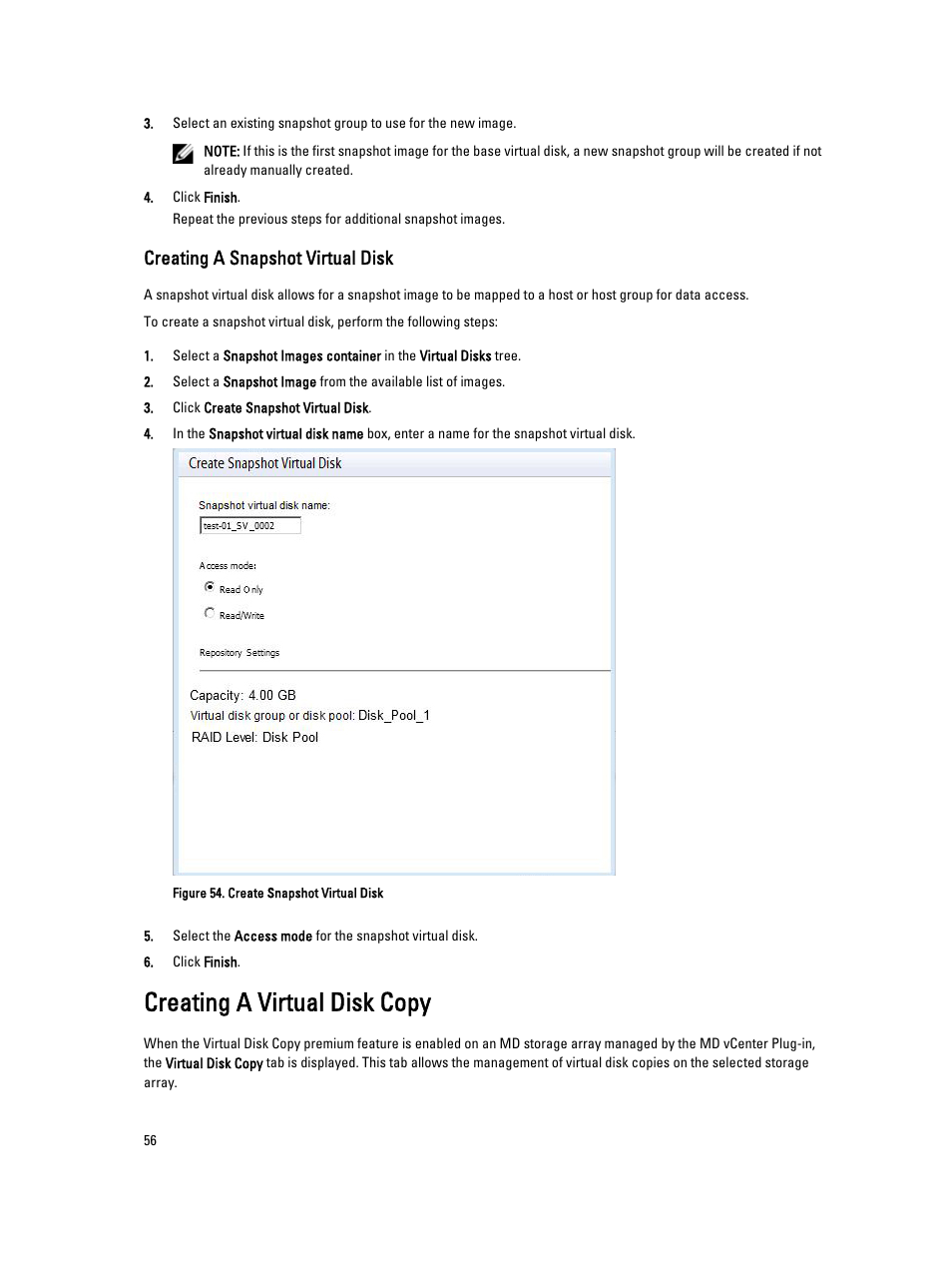 Creating a snapshot virtual disk, Creating a virtual disk copy | Dell POWERVAULT MD3620I User Manual | Page 56 / 75