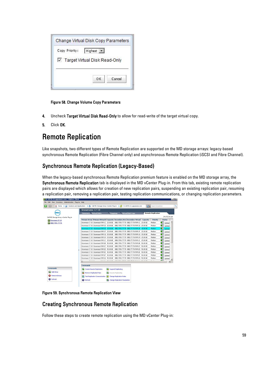 Remote replication, Synchronous remote replication (legacy-based), Creating synchronous remote replication | Dell POWERVAULT MD3620I User Manual | Page 59 / 75