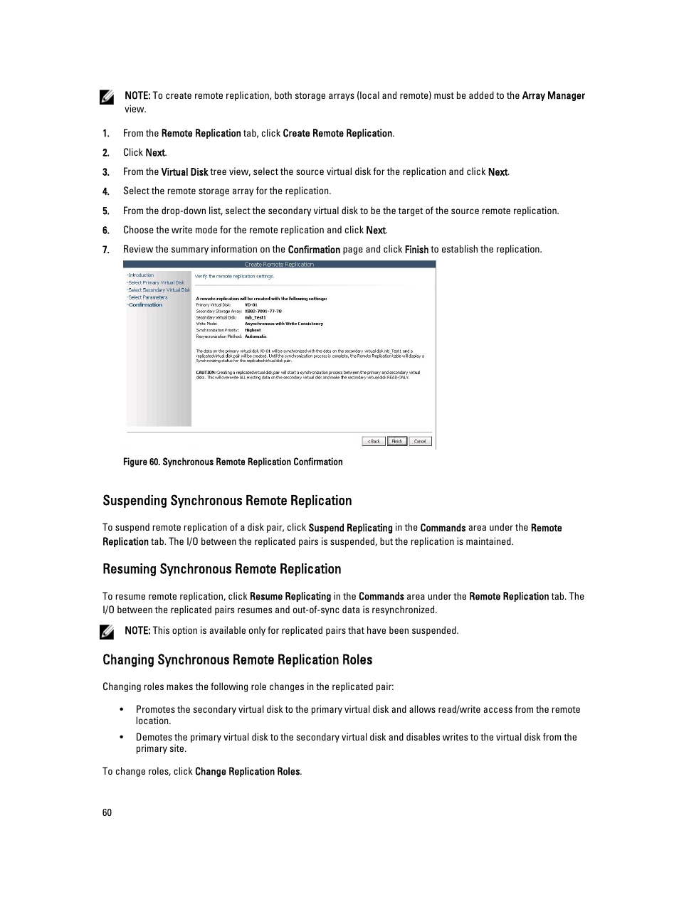 Suspending synchronous remote replication, Resuming synchronous remote replication, Changing synchronous remote replication roles | Dell POWERVAULT MD3620I User Manual | Page 60 / 75