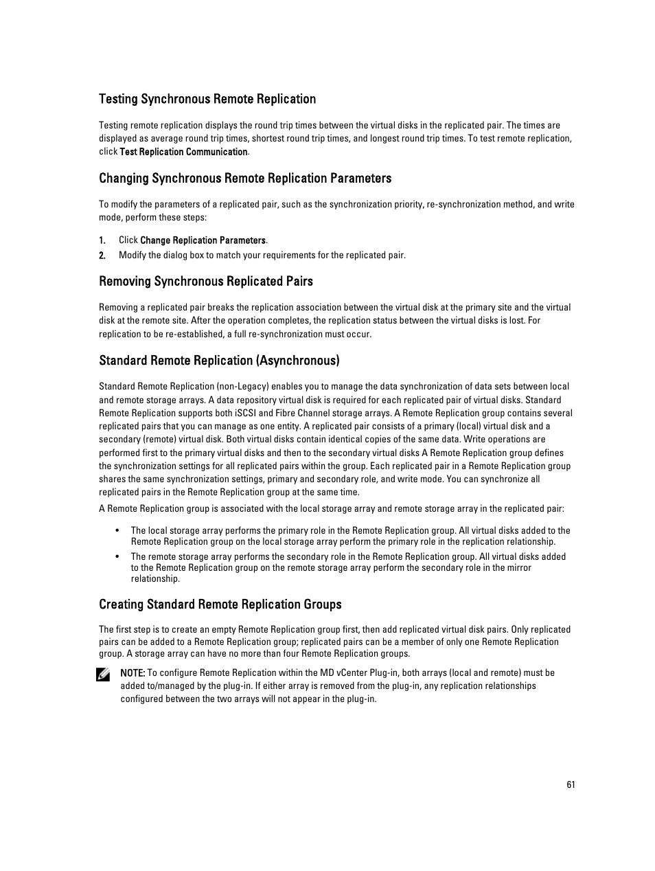 Testing synchronous remote replication, Changing synchronous remote replication parameters, Removing synchronous replicated pairs | Standard remote replication (asynchronous), Creating standard remote replication groups | Dell POWERVAULT MD3620I User Manual | Page 61 / 75