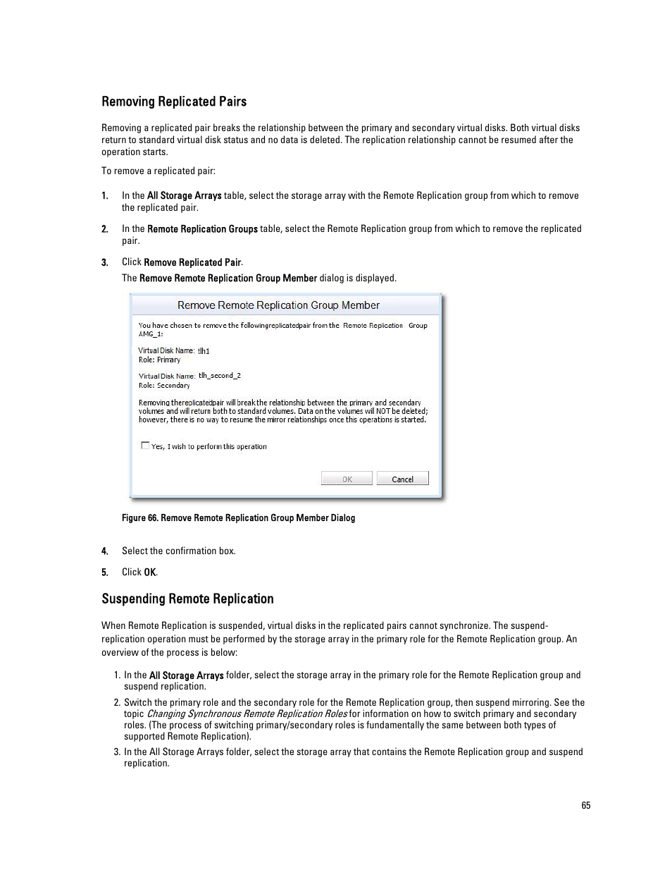 Removing replicated pairs, Suspending remote replication | Dell POWERVAULT MD3620I User Manual | Page 65 / 75