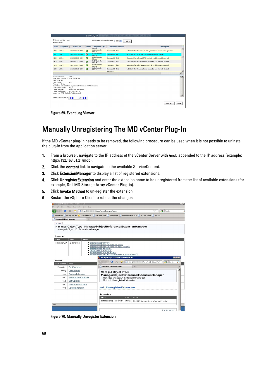 Manually unregistering the md vcenter plug-in | Dell POWERVAULT MD3620I User Manual | Page 68 / 75