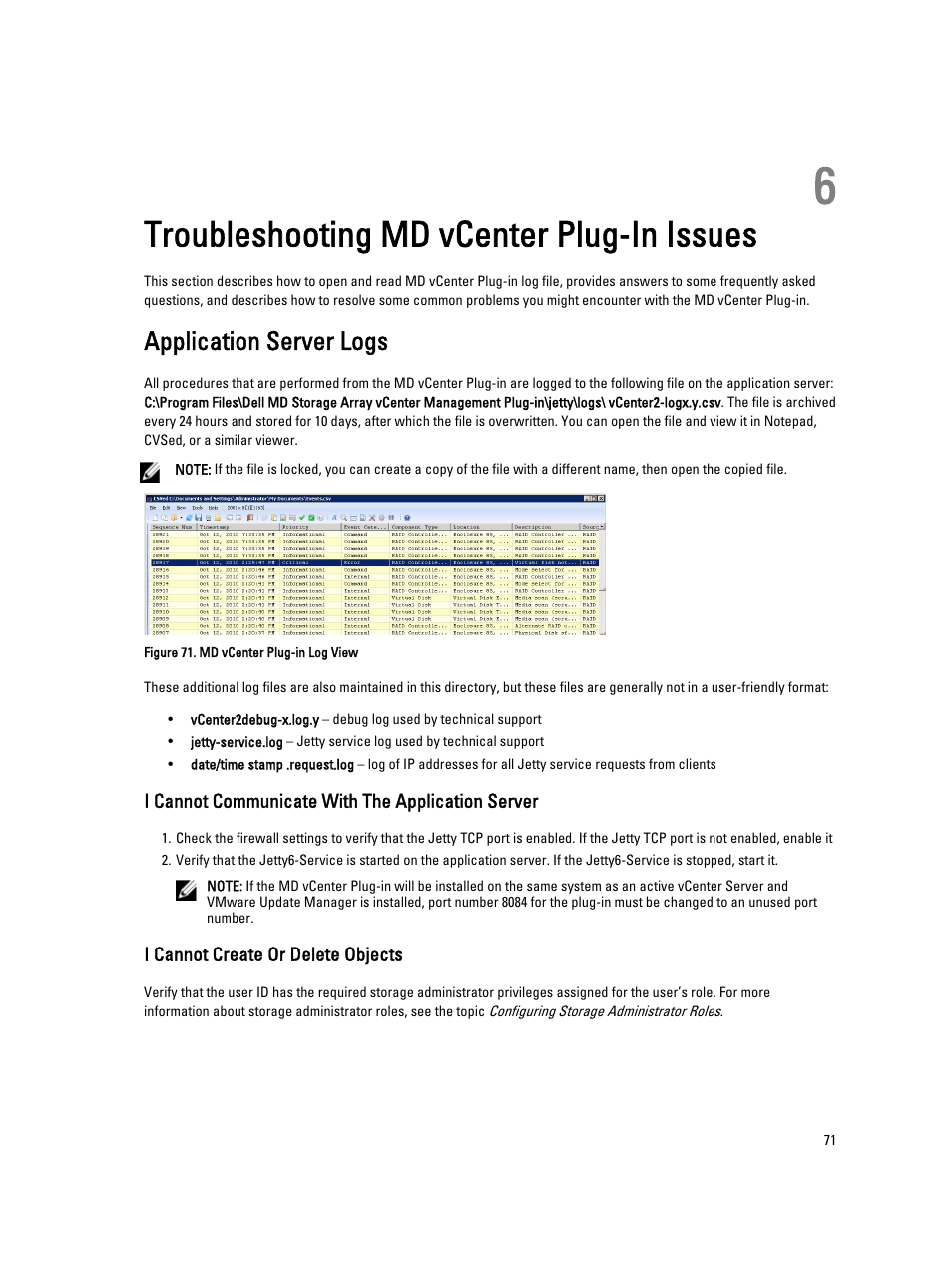 Troubleshooting md vcenter plug-in issues, Application server logs, I cannot communicate with the application server | I cannot create or delete objects, 6 troubleshooting md vcenter plug-in issues | Dell POWERVAULT MD3620I User Manual | Page 71 / 75