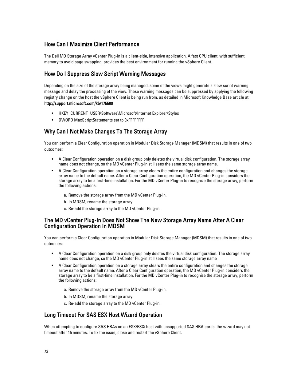 How can i maximize client performance, How do i suppress slow script warning messages, Why can i not make changes to the storage array | Long timeout for sas esx host wizard operation | Dell POWERVAULT MD3620I User Manual | Page 72 / 75