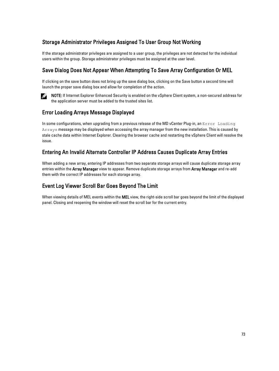 Error loading arrays message displayed, Event log viewer scroll bar goes beyond the limit | Dell POWERVAULT MD3620I User Manual | Page 73 / 75