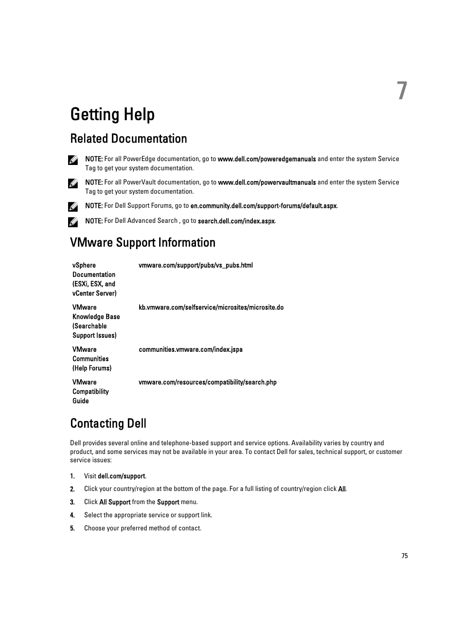 Getting help, Related documentation, Vmware support information | Contacting dell, 7 getting help | Dell POWERVAULT MD3620I User Manual | Page 75 / 75