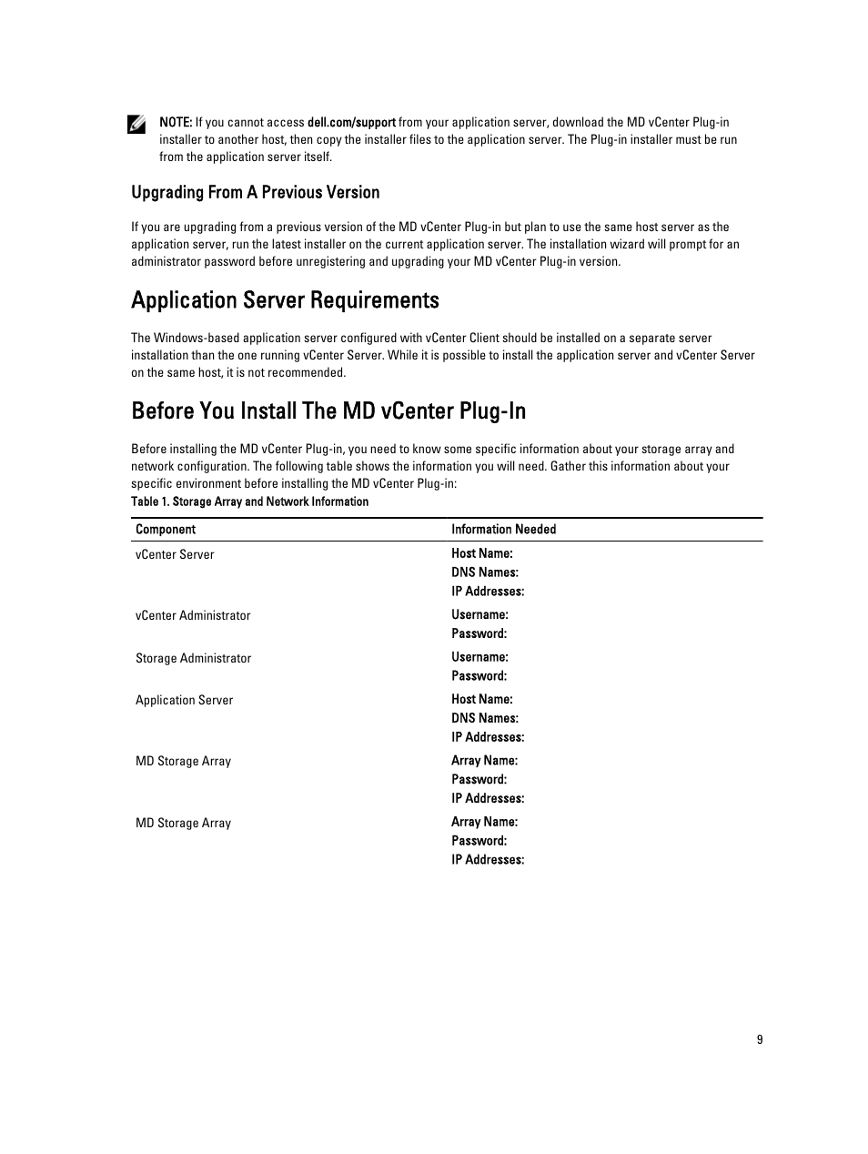 Upgrading from a previous version, Application server requirements, Before you install the md vcenter plug-in | Dell POWERVAULT MD3620I User Manual | Page 9 / 75