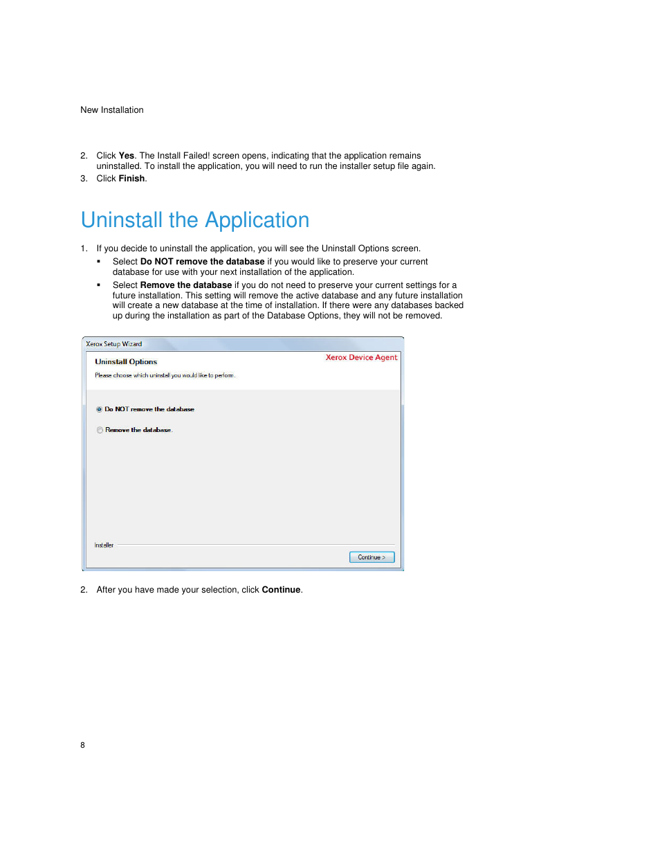 Click finish, Uninstall the application, After you have made your selection, click continue | Dell Toner  Monitoring Services User Manual | Page 12 / 92