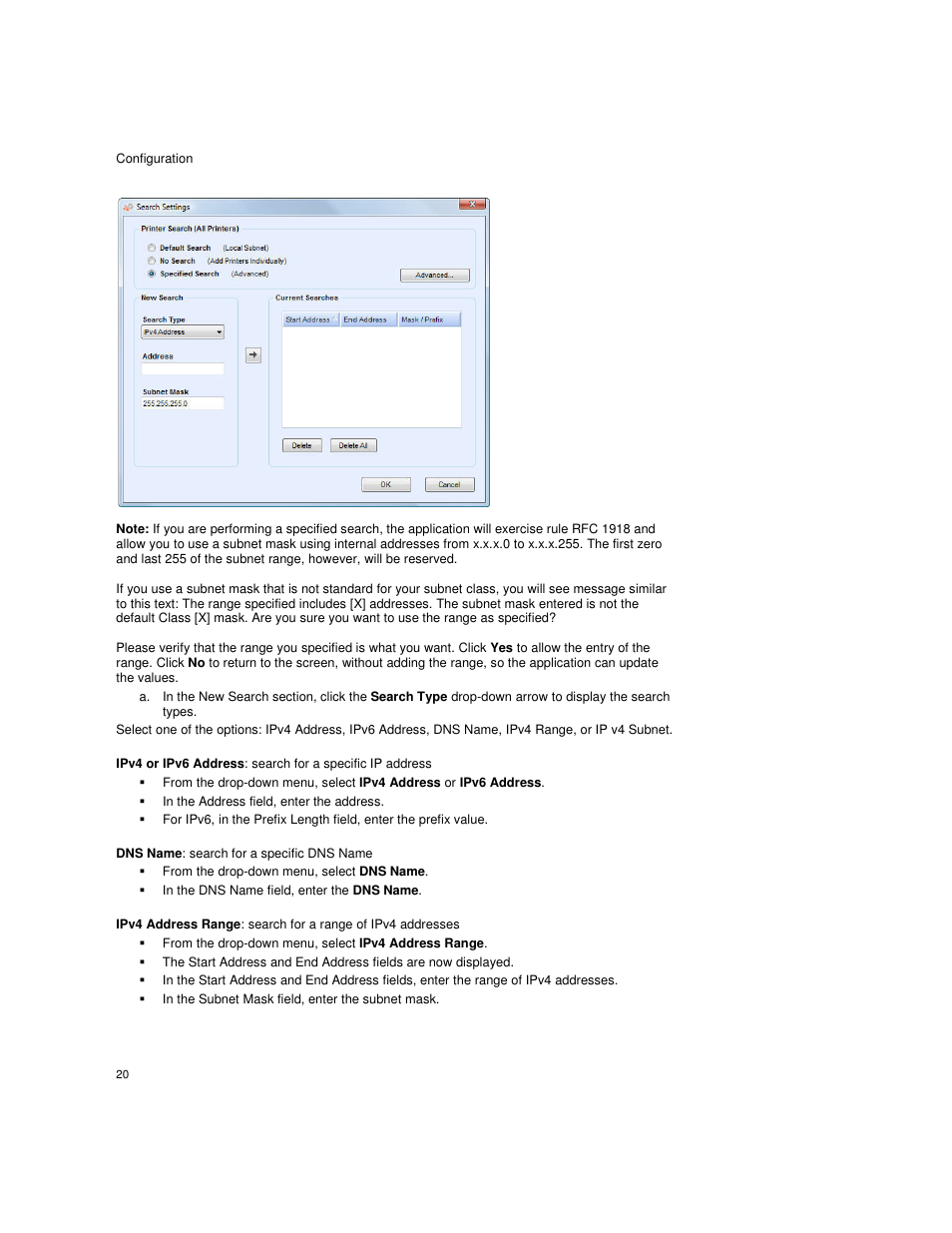 In the address field, enter the address, From the drop-down menu, select dns name, In the dns name field, enter the dns name | From the drop-down menu, select ipv4 address range, In the subnet mask field, enter the subnet mask | Dell Toner  Monitoring Services User Manual | Page 24 / 92