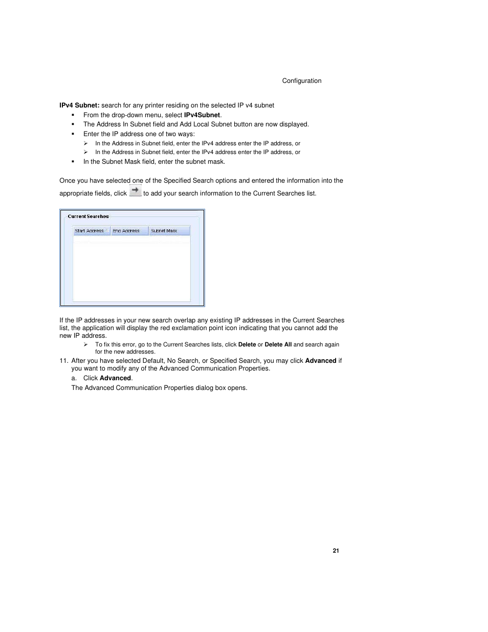 From the drop-down menu, select ipv4subnet, Enter the ip address one of two ways, In the subnet mask field, enter the subnet mask | A. click advanced | Dell Toner  Monitoring Services User Manual | Page 25 / 92