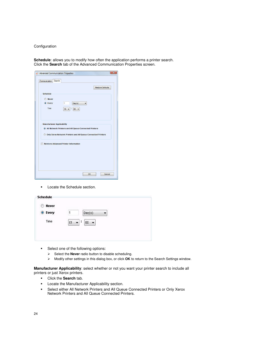 Locate the schedule section, Select one of the following options, Click the search tab | Locate the manufacturer applicability section | Dell Toner  Monitoring Services User Manual | Page 28 / 92