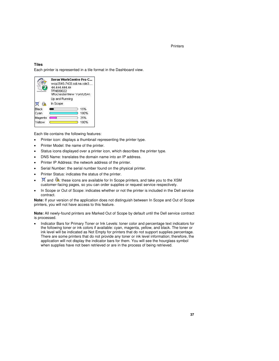 Tiles, Printer model: the name of the printer | Dell Toner  Monitoring Services User Manual | Page 41 / 92