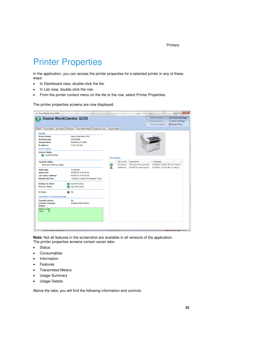 Printer properties, In dashboard view, double-click the tile, In list view, double-click the row | Status, Consumables, Information, Features, Transmitted meters, Usage summary, Usage details | Dell Toner  Monitoring Services User Manual | Page 57 / 92