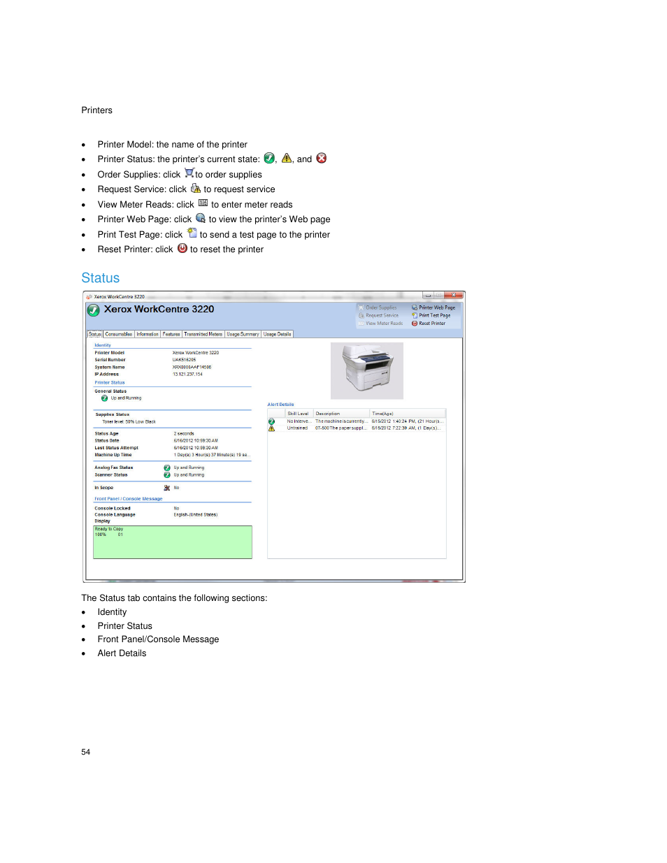 Printer model: the name of the printer, Order supplies: click to order supplies, Request service: click to request service | View meter reads: click to enter meter reads, Reset printer: click to reset the printer, Status, Identity, Printer status, Front panel/console message, Alert details | Dell Toner  Monitoring Services User Manual | Page 58 / 92