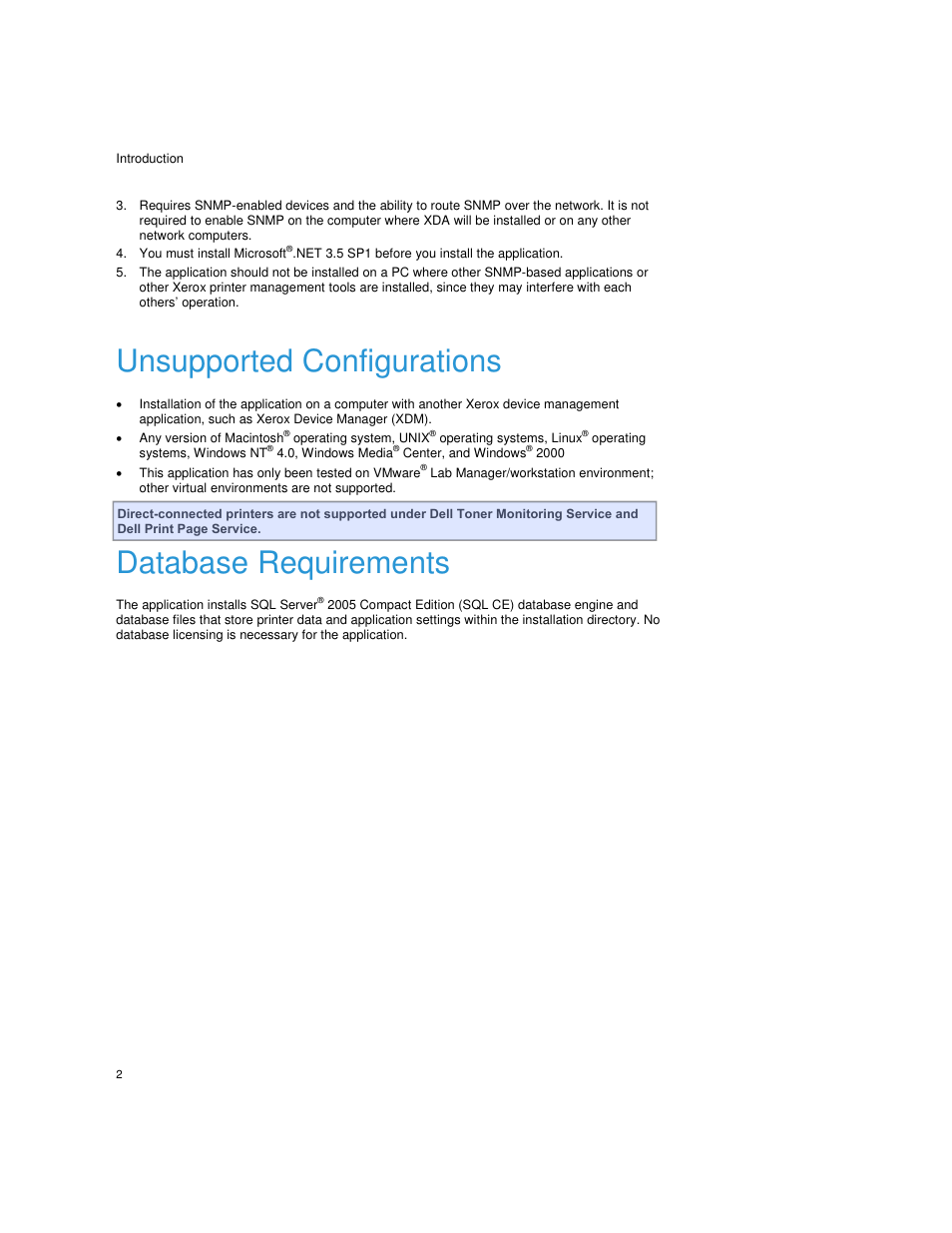 Unsupported configurations, Database requirements | Dell Toner  Monitoring Services User Manual | Page 6 / 92