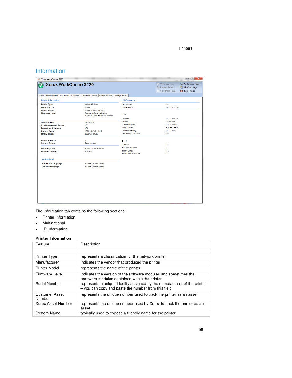 Information, Printer information, Multinational | Ip information | Dell Toner  Monitoring Services User Manual | Page 63 / 92