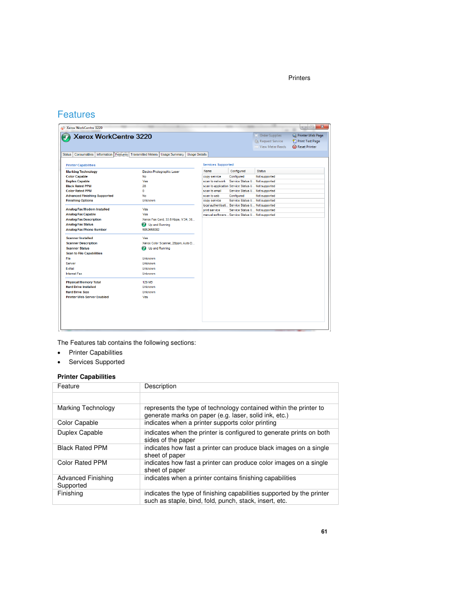 Features, Printer capabilities, Services supported | Dell Toner  Monitoring Services User Manual | Page 65 / 92