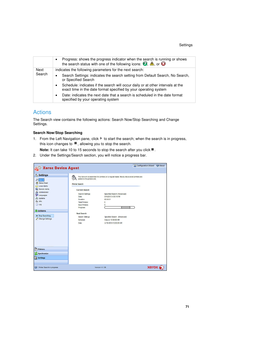 Actions, Search now/stop searching | Dell Toner  Monitoring Services User Manual | Page 75 / 92