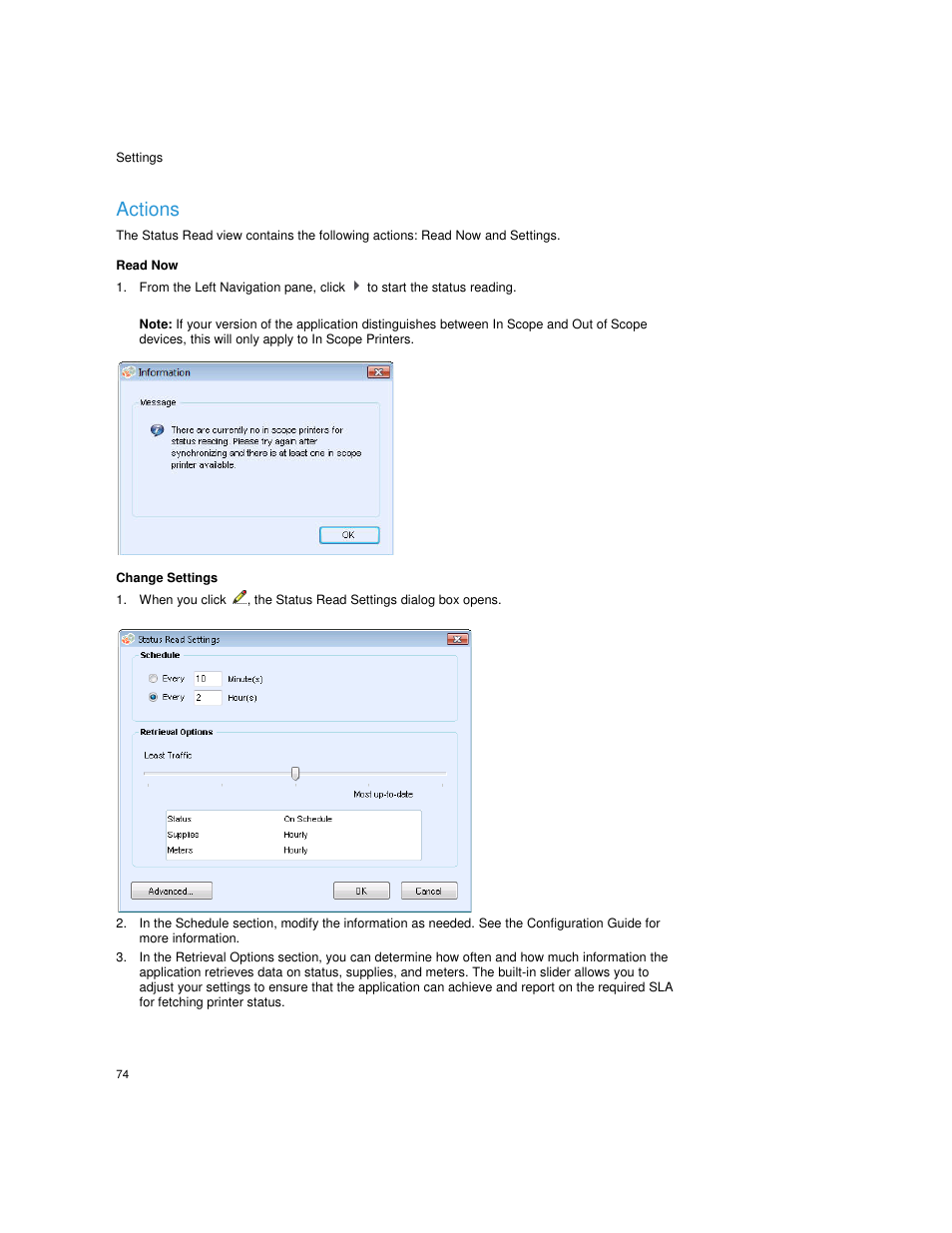 Actions, Read now, Change settings | Dell Toner  Monitoring Services User Manual | Page 78 / 92