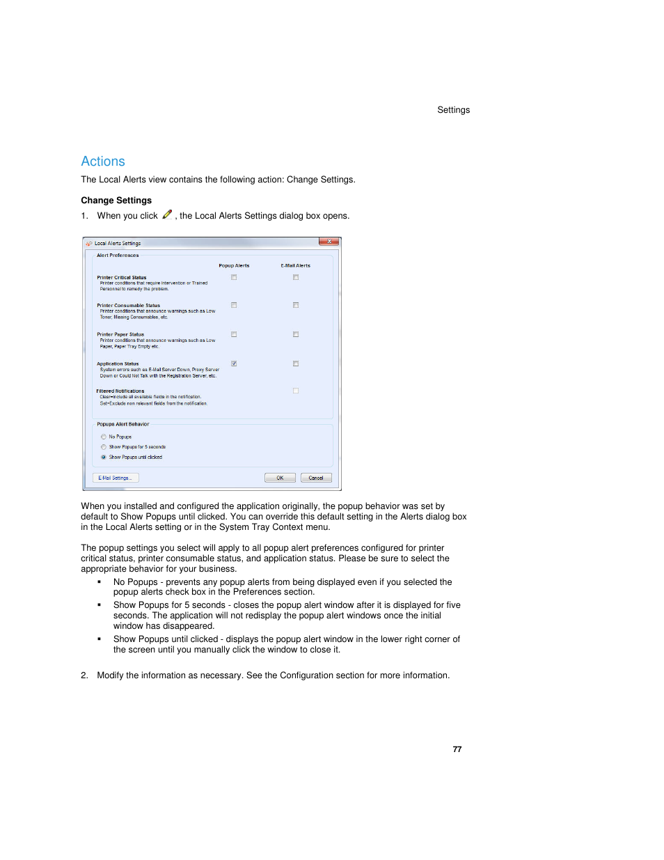 Actions, Change settings | Dell Toner  Monitoring Services User Manual | Page 81 / 92