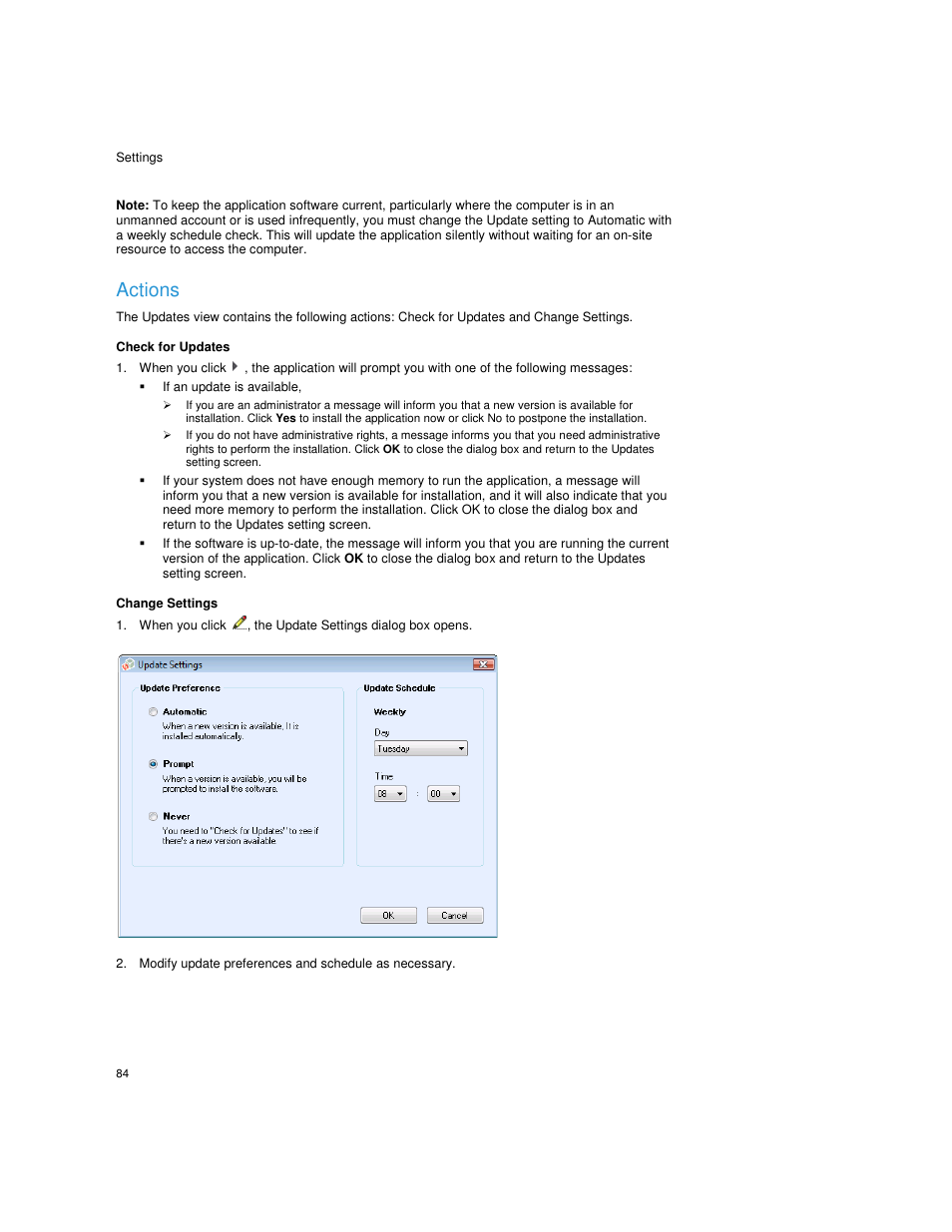 Actions, Check for updates, If an update is available | Change settings, Logs | Dell Toner  Monitoring Services User Manual | Page 88 / 92