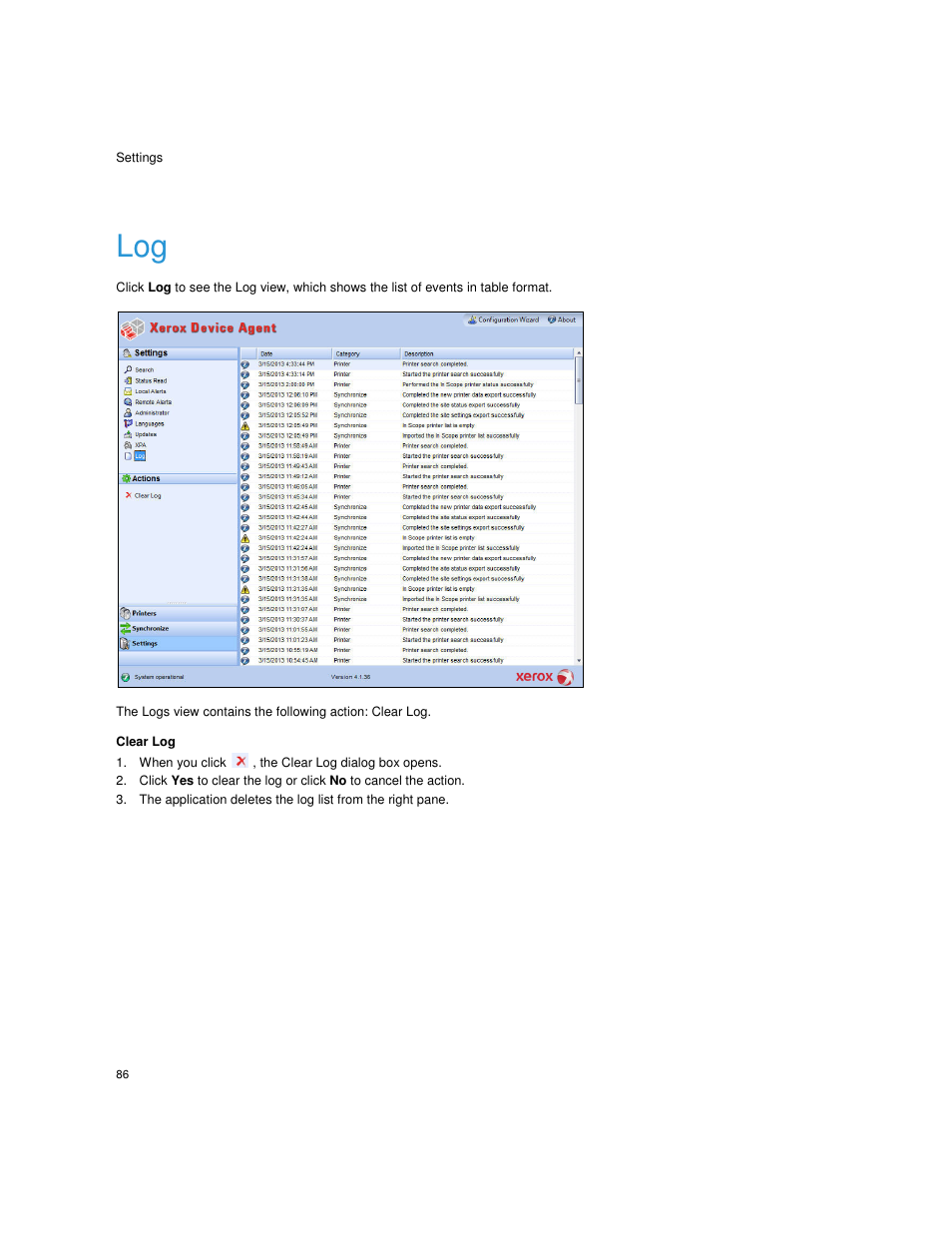 Clear log, When you click , the clear log dialog box opens | Dell Toner  Monitoring Services User Manual | Page 90 / 92