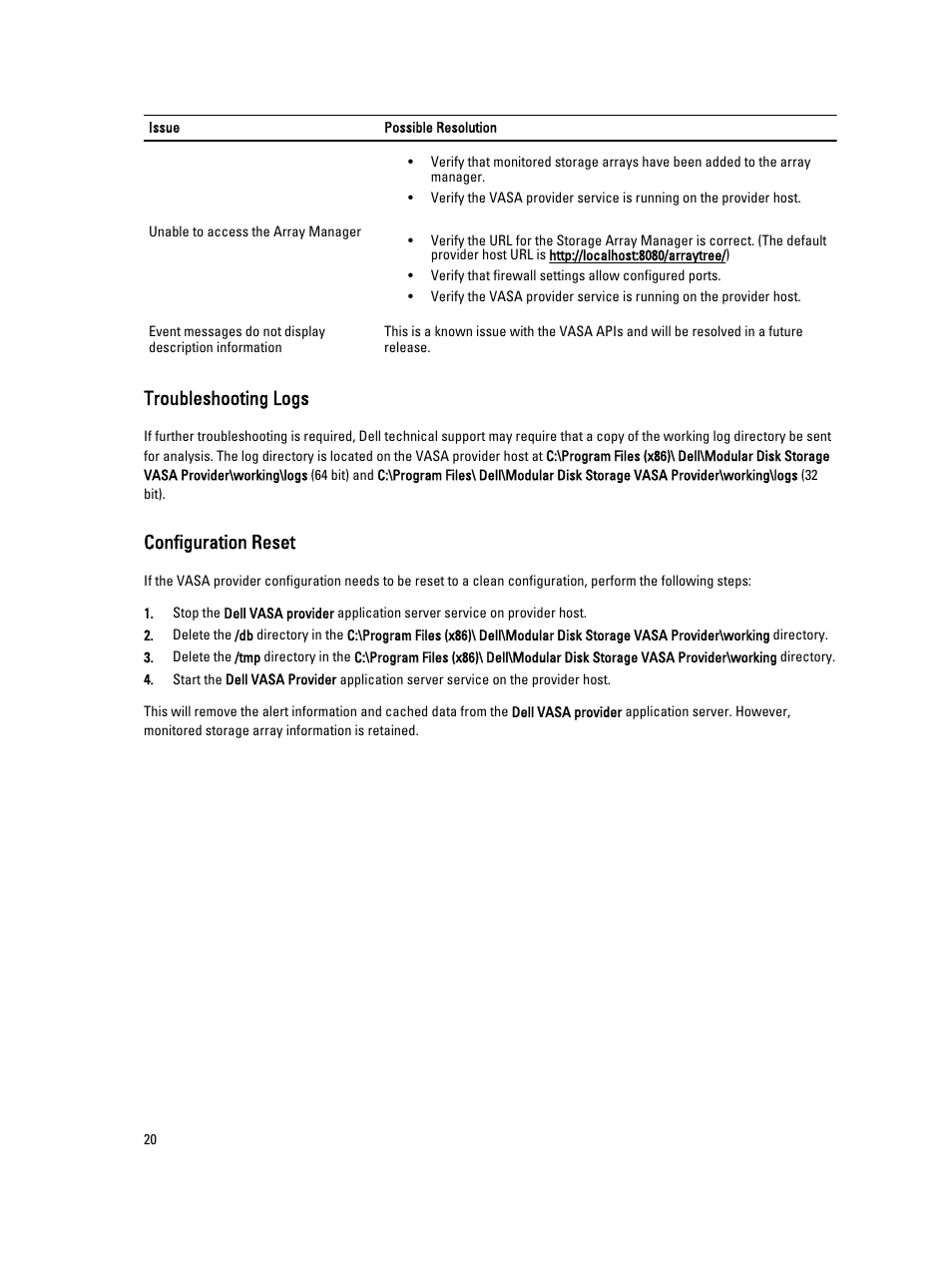 Troubleshooting logs, Configuration reset | Dell PowerVault MD3660f User Manual | Page 20 / 21