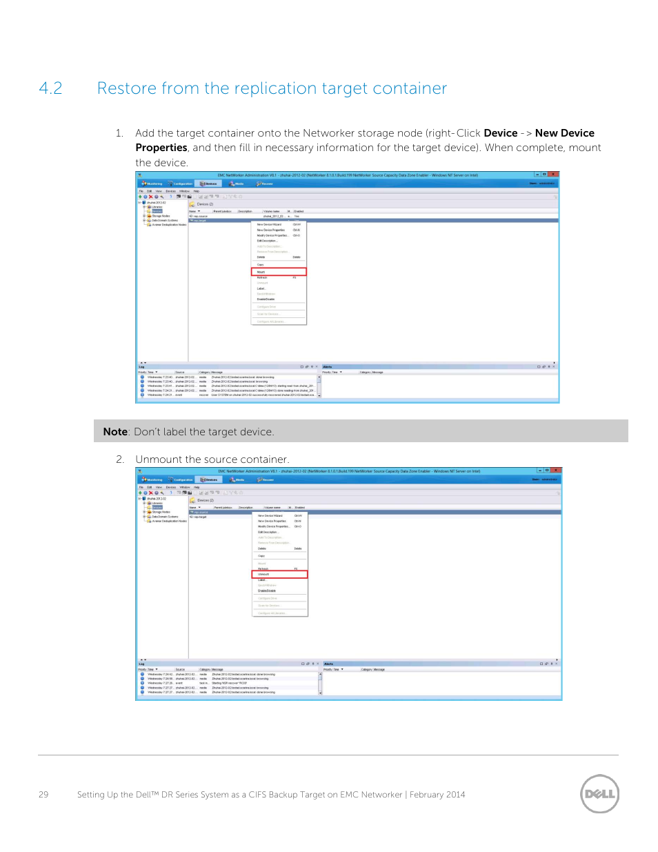 2 restore from the replication target container, Restore from replication target container | Dell DR4000 User Manual | Page 29 / 34