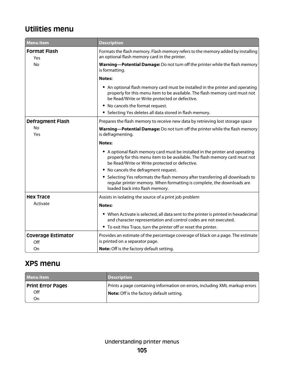 Utilities menu, Xps menu, Utilities menu xps menu | Dell 3330dn Mono Laser Printer User Manual | Page 105 / 160