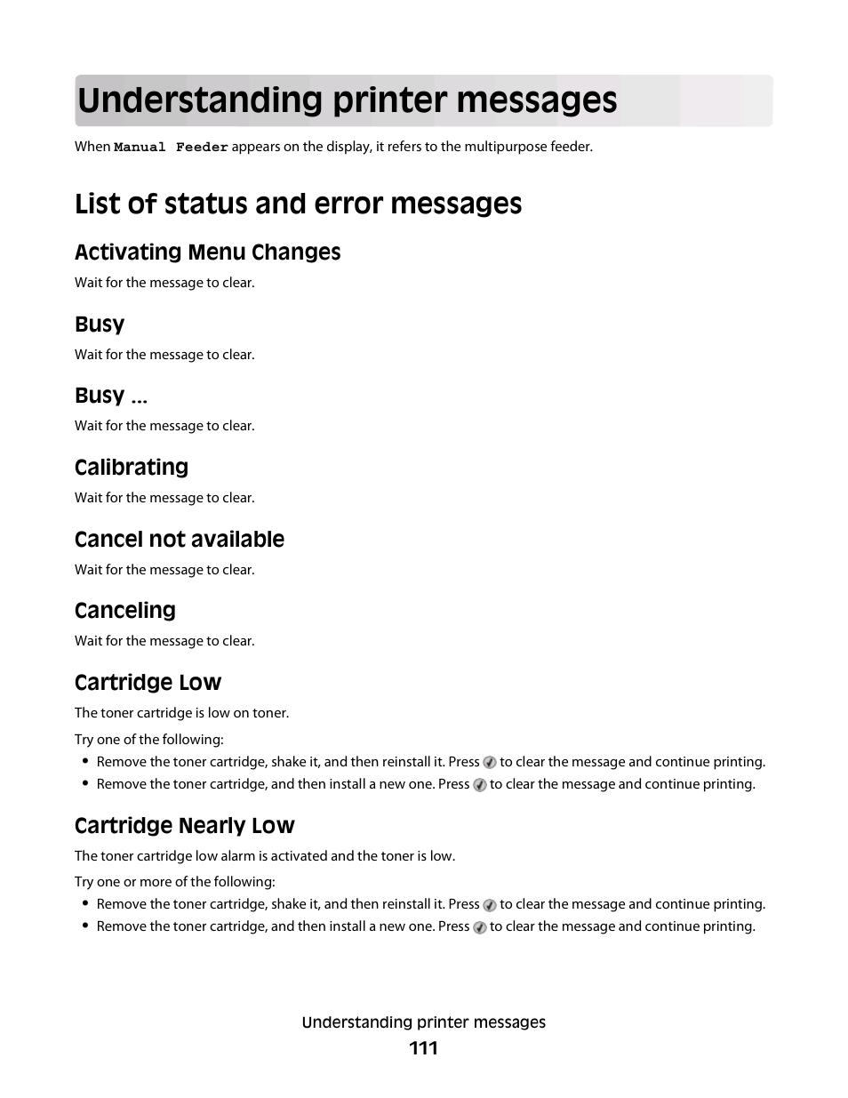 Understanding printer messages, List of status and error messages, Activating menu changes | Busy, Calibrating, Cancel not available, Canceling, Cartridge low, Cartridge nearly low | Dell 3330dn Mono Laser Printer User Manual | Page 111 / 160