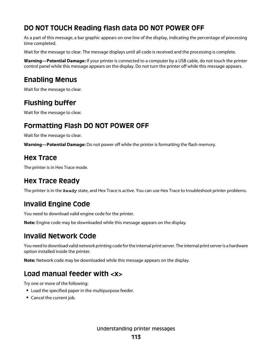 Do not touch reading flash data do not power off, Enabling menus, Flushing buffer | Formatting flash do not power off, Hex trace, Hex trace ready, Invalid engine code, Invalid network code, Load manual feeder with <x | Dell 3330dn Mono Laser Printer User Manual | Page 113 / 160