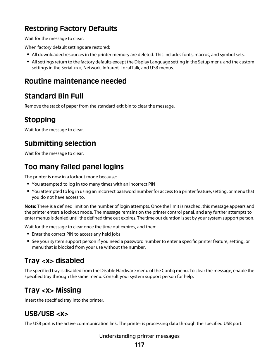 Restoring factory defaults, Routine maintenance needed, Standard bin full | Stopping, Submitting selection, Too many failed panel logins, Tray <x> disabled, Tray <x> missing, Usb/usb <x, Routine maintenance needed standard bin full | Dell 3330dn Mono Laser Printer User Manual | Page 117 / 160