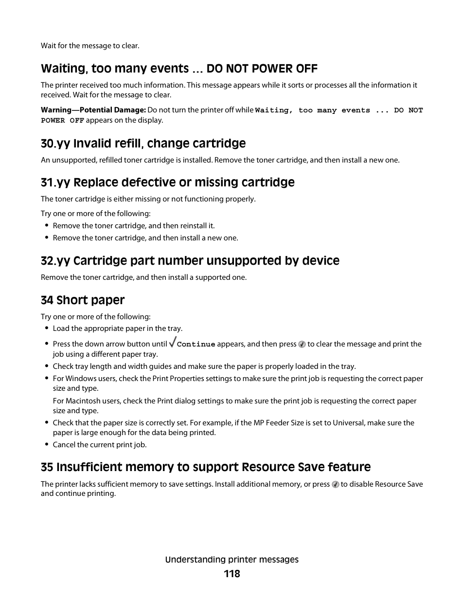 Waiting, too many events … do not power off, Yy invalid refill, change cartridge, Yy replace defective or missing cartridge | Yy cartridge part number unsupported by device, 34 short paper | Dell 3330dn Mono Laser Printer User Manual | Page 118 / 160