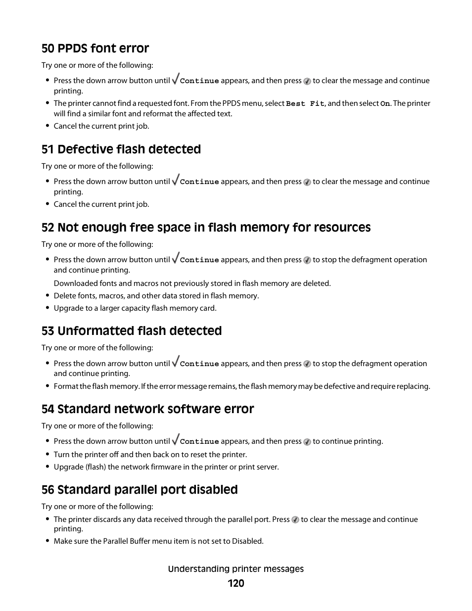 50 ppds font error, 51 defective flash detected, 53 unformatted flash detected | 54 standard network software error, 56 standard parallel port disabled | Dell 3330dn Mono Laser Printer User Manual | Page 120 / 160