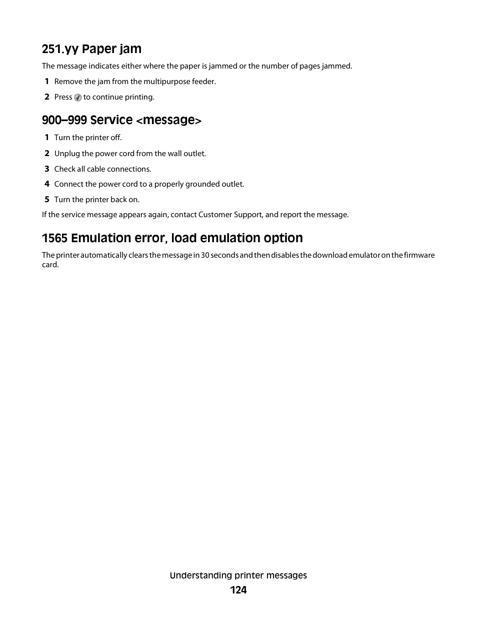 Yy paper jam, 900–999 service <message, 1565 emulation error, load emulation option | Dell 3330dn Mono Laser Printer User Manual | Page 124 / 160