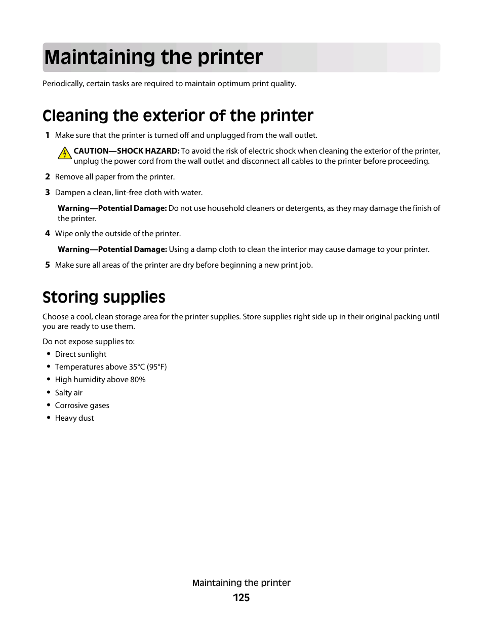 Maintaining the printer, Cleaning the exterior of the printer, Storing supplies | Dell 3330dn Mono Laser Printer User Manual | Page 125 / 160