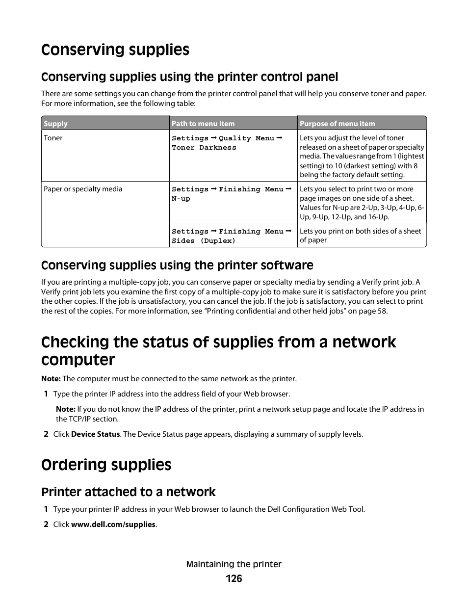 Conserving supplies, Ordering supplies, Printer attached to a network | Conserving supplies using the printer software | Dell 3330dn Mono Laser Printer User Manual | Page 126 / 160