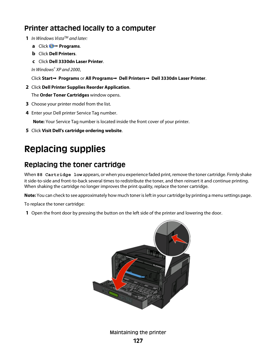 Printer attached locally to a computer, Replacing supplies, Replacing the toner cartridge | Dell 3330dn Mono Laser Printer User Manual | Page 127 / 160